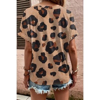 Light French Beige Leopard Folded Short Sleeve Buttoned V Neck Blouse - S thumbnail