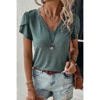 Mist Green Fashion Petal Sleeve V Neck T Shirt - L thumbnail