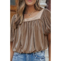 Simply Taupe Pleated Puff Sleeve Square Neck Blouse - L thumbnail