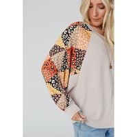 Parchment Contrast Printed Raglan Sleeves Patchwork V Neck Loose Top - L thumbnail