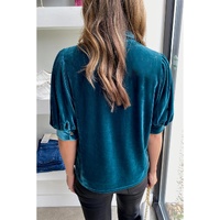 Azura Exchange Peacock Blue Velvet Bow Tie Neck Short Sleeve Top - L thumbnail