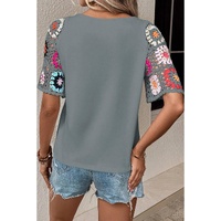 Medium Grey Floral Crochet Short Sleeve Top - M thumbnail