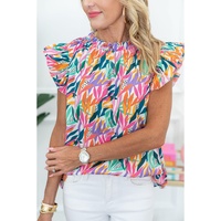 Rose Red Floral Print Ruffled Flutter Sleeve Blouse - L thumbnail