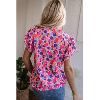 Rose Red Abstract Print Ruffled Sleeve V Neck Blouse - L thumbnail