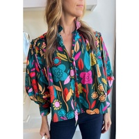 Green Floral Knot Split Neck Puff Sleeve Blouse - L thumbnail