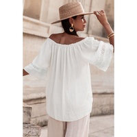 White Frilly Off Shoulder Lace Insert Sleeve Textured Blouse - S thumbnail