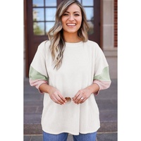 White Color Block Ribbed Knit Quarter Sleeve Top - XL thumbnail