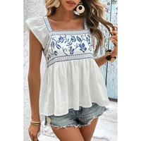 White Embroidered Bust Square Neck Peplum Blouse - L thumbnail