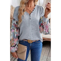 Gray Floral Lantern Sleeve Patchwork Buttoned V Neck Top - M thumbnail