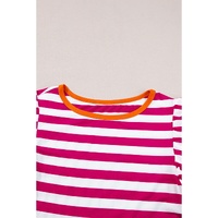 Rose Red Striped Ruffle Sleeve Crew Neck Blouse - S thumbnail