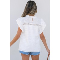 White Lace Neckline Flutter Sleeve Eyelets Blouse - M thumbnail
