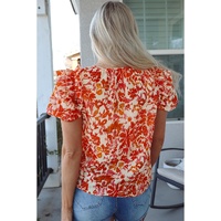 Orange Floral Print Ruffled Short Puff Sleeve Split Neck Blouse - 2XL thumbnail