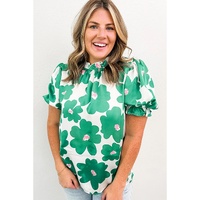 Green Floral Puff Sleeve Frill Neckline Blouse - L thumbnail