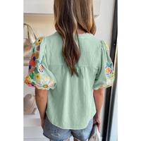 Clearly Aqua Floral Embroidered Puff Sleeve Split Neck Blouse - L thumbnail
