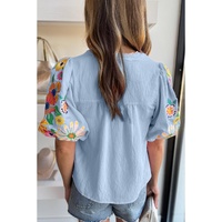 Beau Blue Floral Embroidered Puff Sleeve Split Neck Blouse - L thumbnail