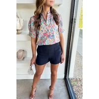 Pink Floral Print Button Split Neck Puff Sleeve Blouse - 2XL thumbnail
