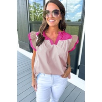 Pink Colorblock Ruffled Sleeve Frill V Neck Blouse - M thumbnail