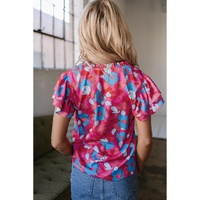 Rose Red Ruffled Sleeve Floral Blouse - L thumbnail