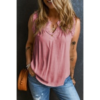 Pink Button Split Neck Ruffled Trim Tank Top - XL thumbnail
