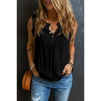 Black Button Split Neck Ruffled Trim Tank Top - XL thumbnail
