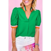 Azura Exchange Bright Green Colorful Trim V Neck Short Sleeve Blouse - L thumbnail