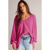 Bright Pink Waffle V Neck Long Sleeve Drop Shoulder Loose Blouse - L thumbnail