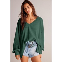 Blackish Green Waffle V Neck Long Sleeve Drop Shoulder Loose Blouse - M thumbnail