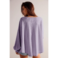 Orchid Petal Waffle V Neck Long Sleeve Drop Shoulder Loose Blouse - L thumbnail