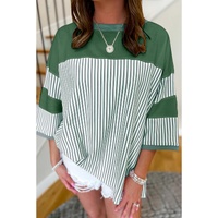 Mist Green Striped Patchwork 3/4 Sleeve Oversize Top - S thumbnail
