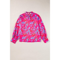Purple Printed Bubble Sleeve Mock Neck Blouse - L thumbnail