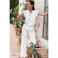 White Embroidered Ruffle Trim Textured Blouse - XL thumbnail