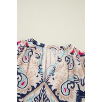 White Abstract Printed Notched V Neck Split Half Sleeve Blouse - L thumbnail