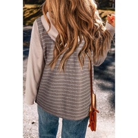 Gray Textured Knit Colorblock Striped Henley Hooded Top - S thumbnail