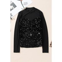 Black Sequin Velvet Sheer Mesh Mock Neck Blouse - XL thumbnail