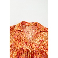 Orange Abstract Print Collared V Neck Babydoll Blouse - M thumbnail