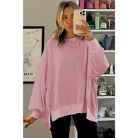 Pink Waffle Knit Bishop Sleeve Split Oversized Sweatshirt - M thumbnail