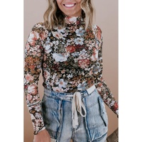 Brown Floral Long Sleeve High Neck Sheath Mesh Blouse - M thumbnail
