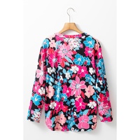 Pink Floral V Neck Roll Tab Sleeve Blouse - L thumbnail