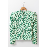 Blackish Green Leopard Print Mock Neck Puff Sleeve Top - L thumbnail