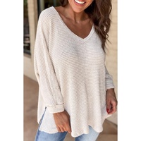 White Waffle Knit Side Slits Loose Fit V Neck Top - 2XL thumbnail
