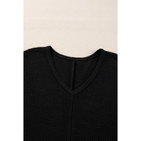 Black Waffle Knit Side Slits Loose Fit V Neck Top - M thumbnail