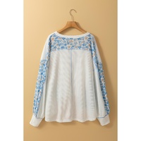 White Abstract Floral Patchwork Batwing Sleeve V Neck Blouse - M thumbnail