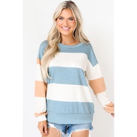 Light Blue Colorblock Striped Drop Shoulder Long Sleeve Top - L thumbnail