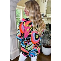 Black Abstract Print Ruffled Sleeve Buttoned V Neck Blouse - M thumbnail