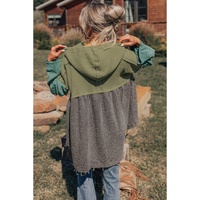 Laurel Green Mixed Textured Colorblock Patchwork Wide Sleeve Frayed High Low Hooded Top - L thumbnail