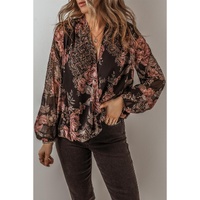 Black Floral Print Criss Cross V Neck Balloon Sleeve Blouse - L thumbnail