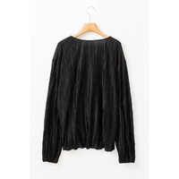 Black Textured Bubble Sleeve V Neck Loose Blouse - XL thumbnail