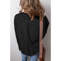 Black Acid Wash Waffle Knit Buttoned Neckline Long Sleeve Top - L thumbnail