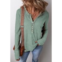Smoke Green Acid Wash Waffle Knit Buttoned Neckline Long Sleeve Top - L thumbnail