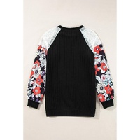 Black Floral Patchwork Long Sleeve Ribbed Blouse - 2XL thumbnail